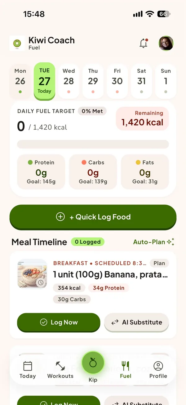 App Kiwi Coach: nutrição com meta do dia e linha do tempo de refeições